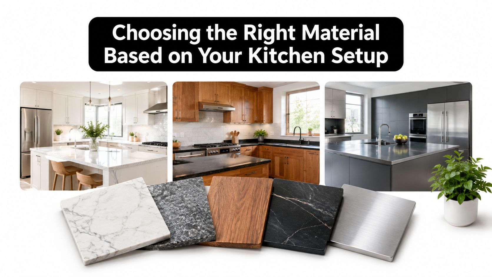 A selection of various countertop material samples displayed in front of three different kitchen interior designs.