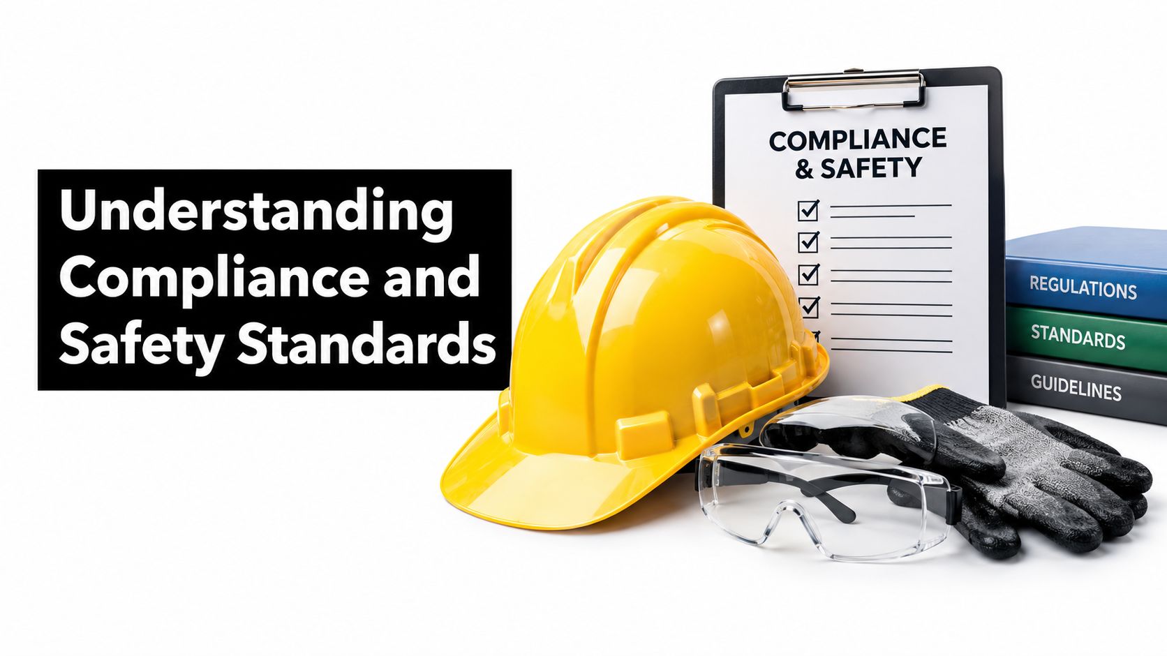 A yellow hard hat, safety glasses, gloves, and a compliance checklist against a plain white background.