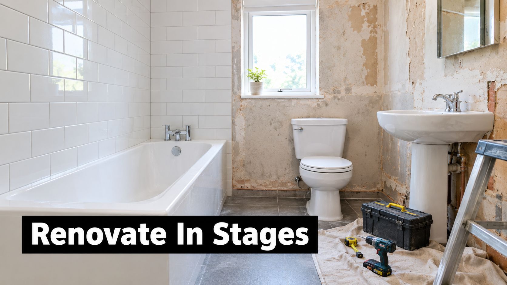 A bathroom undergoing a partial renovation with a new tub, toilet, and pedestal sink partially installed.