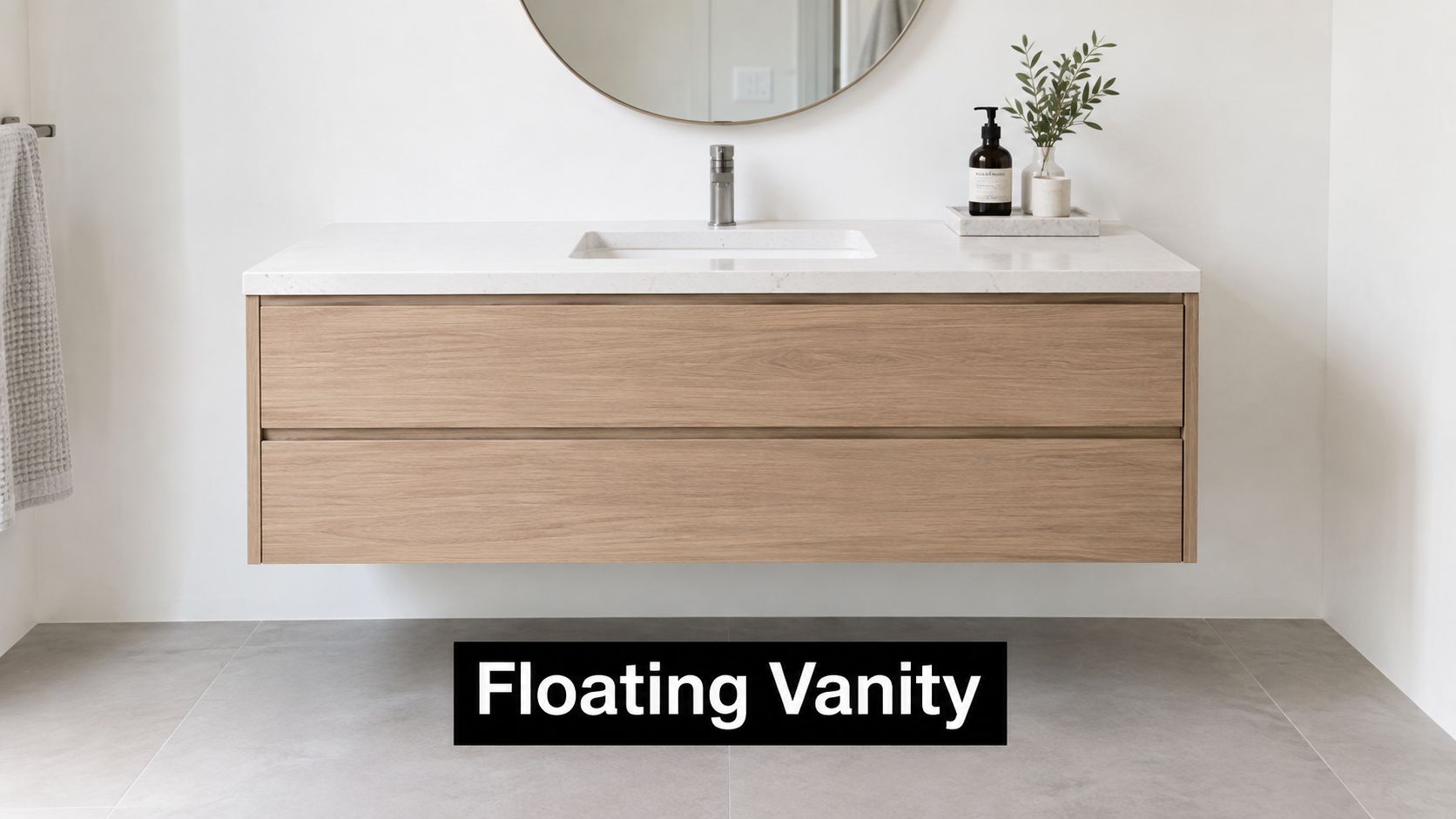 A modern minimalist floating vanity with wooden drawers and a white countertop in a contemporary bathroom.