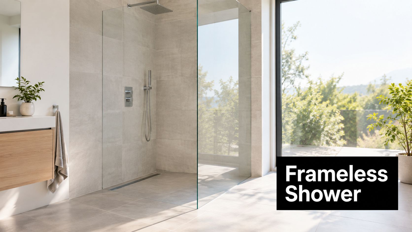 A minimalist modern bathroom featuring a spacious frameless glass walk-in shower with light grey tiled walls.