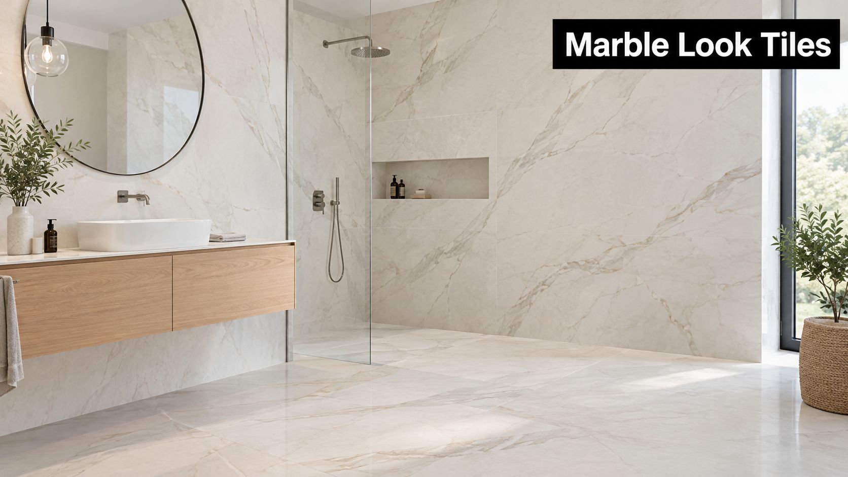 A modern bathroom featuring elegant marble look wall and floor tiles with a light oak vanity.