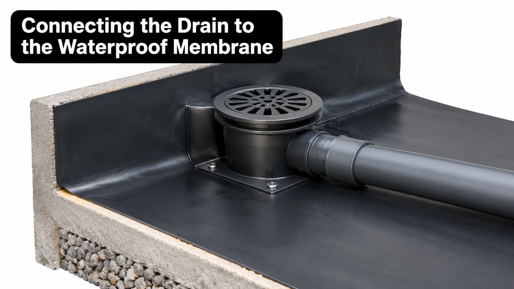 A cross-section illustration showing a floor drain installed securely into a black waterproof membrane system.