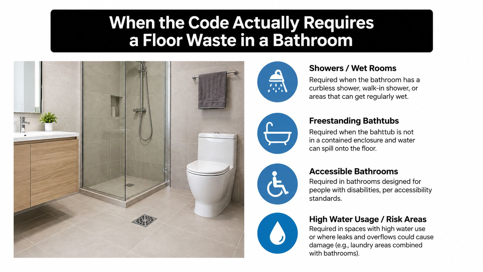 An infographic detailing when building codes require a floor drain in a bathroom, including showers and bathtubs.