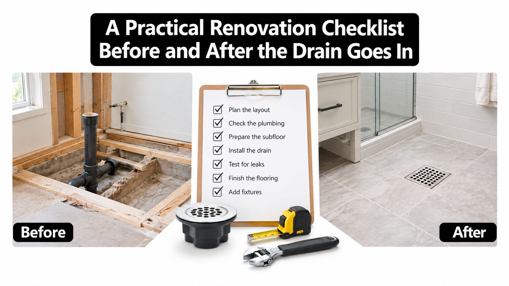 A renovation checklist for bathroom floor drains displayed between before and after construction photos with tools.