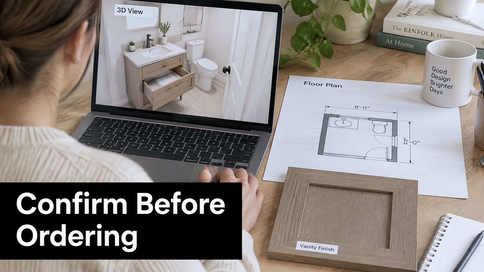 A woman reviewing a bathroom vanity design on a laptop next to a floor plan and finish sample.