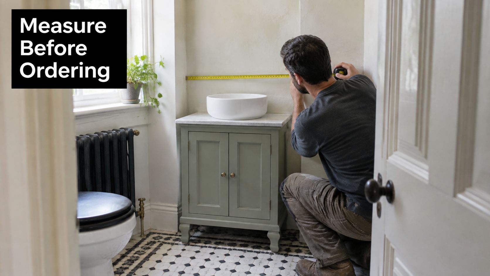 A professional tradesman measuring the wall space for a new vanity in a classic bathroom interior.