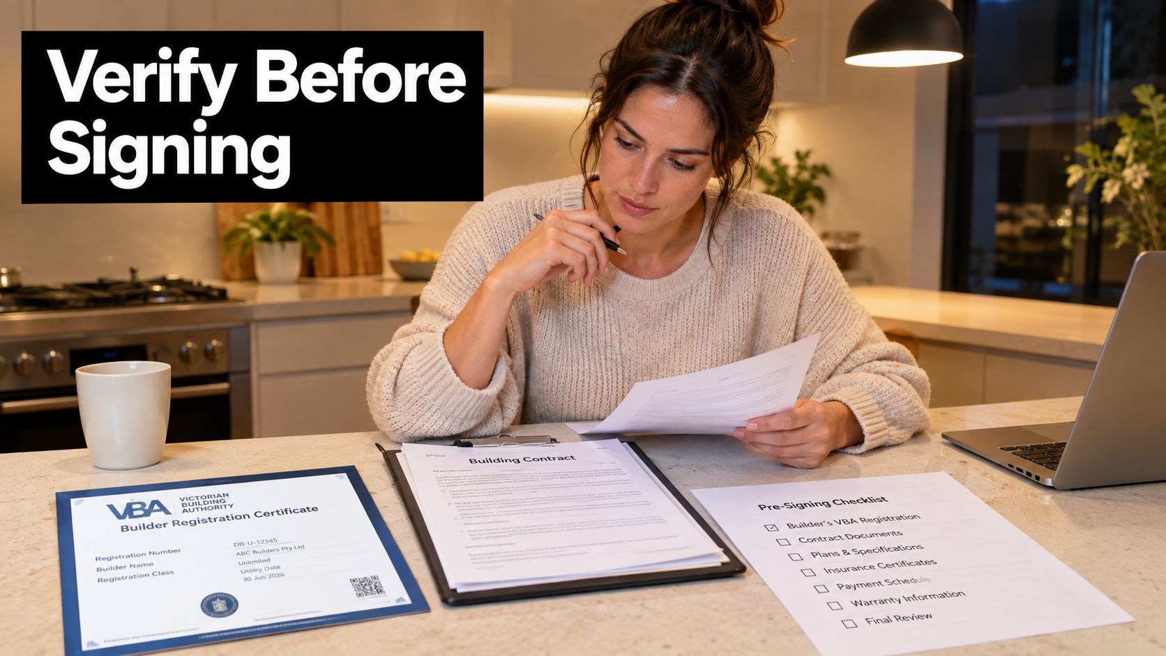 A woman reviewing a building contract and builder registration certificate before signing a home renovation project.