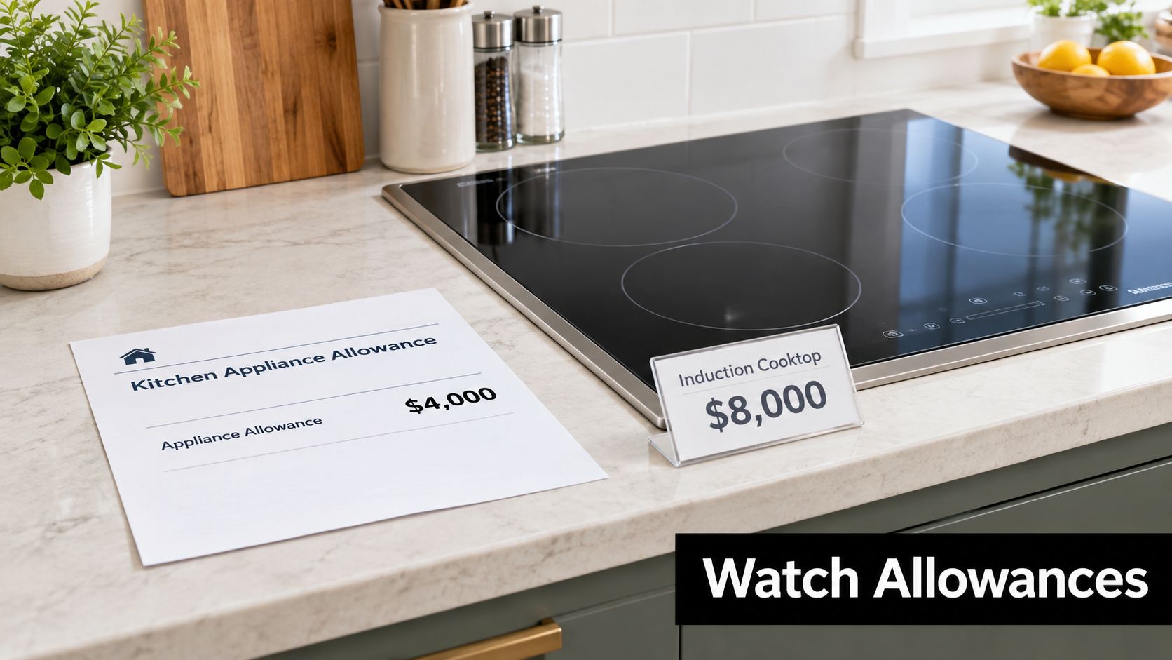 A modern kitchen countertop featuring an induction cooktop with an eight thousand dollar price tag displayed nearby.