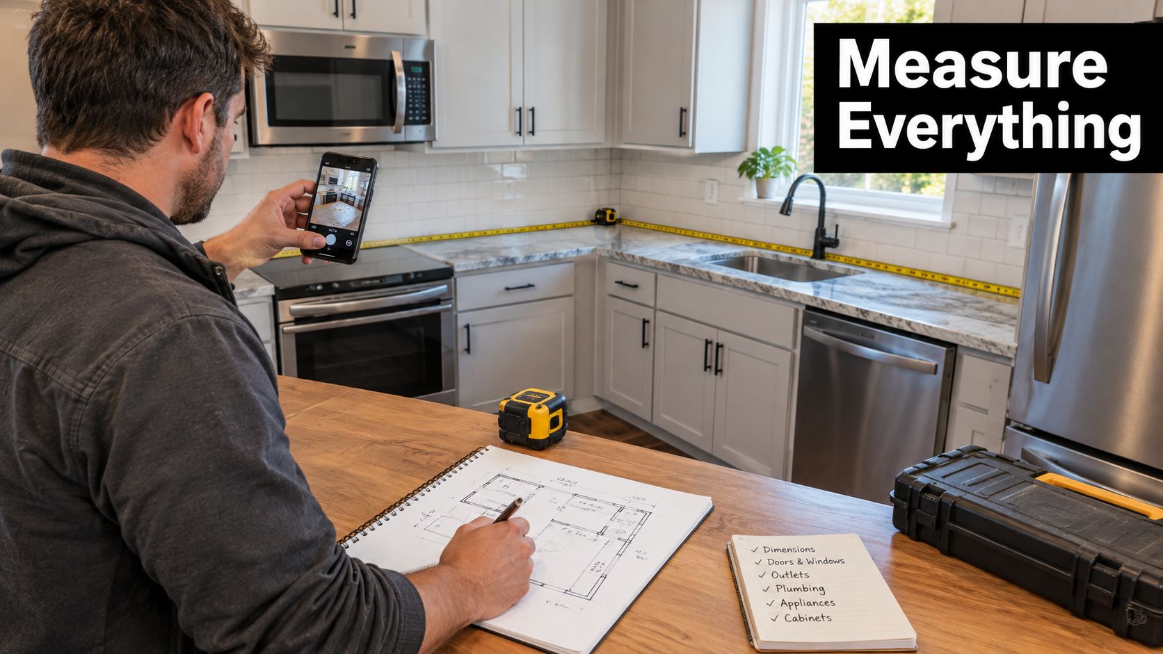 A contractor measuring a kitchen and drawing a floor plan for a home renovation project.