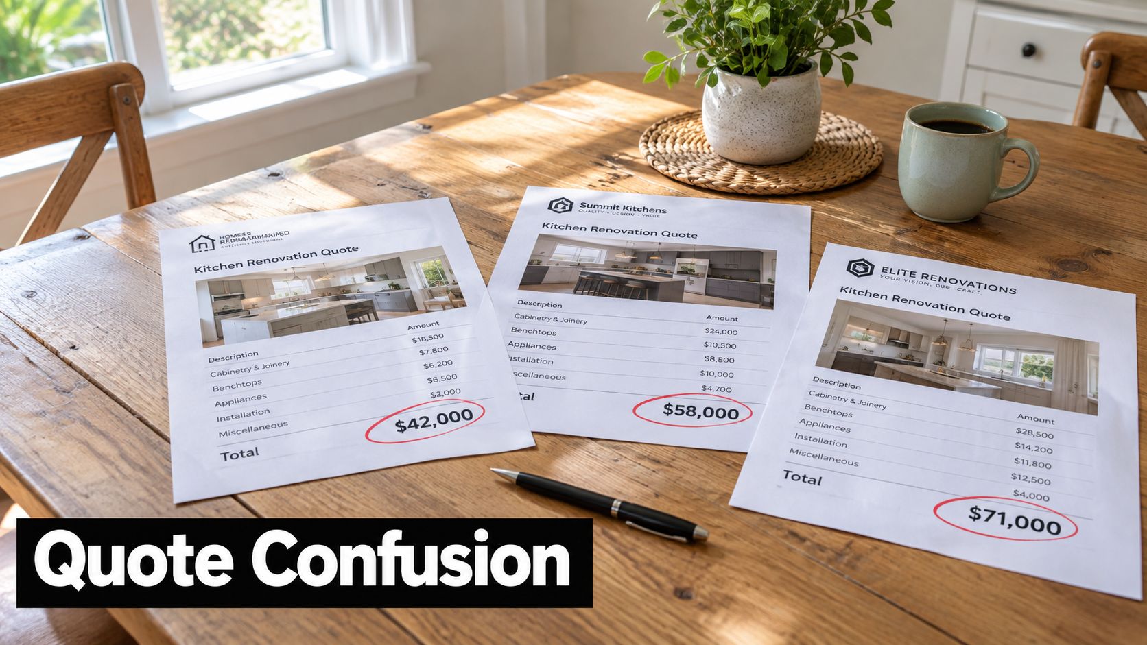 Three different kitchen renovation quote sheets laid out on a wooden table with a pen.