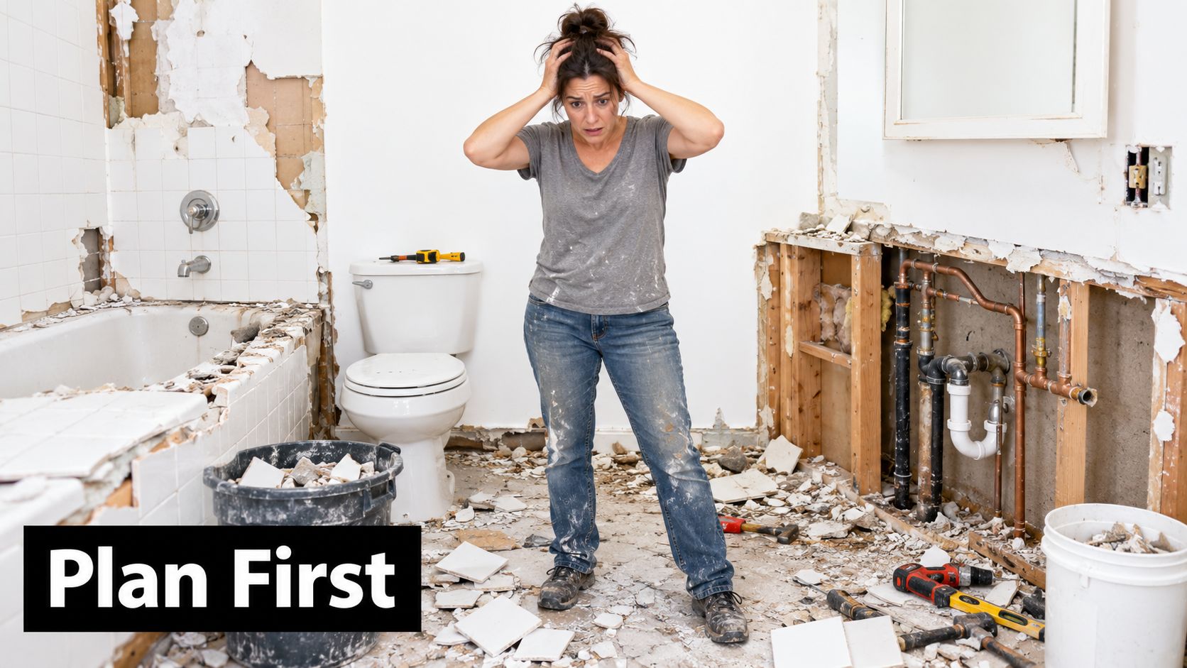 A stressed woman standing in a messy bathroom undergoing home renovation with debris and tools scattered around.