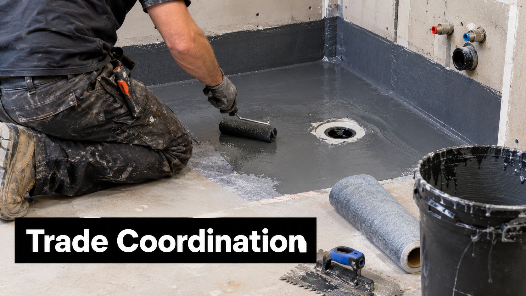 A construction worker applying grey waterproofing membrane to a shower floor with a paint roller.