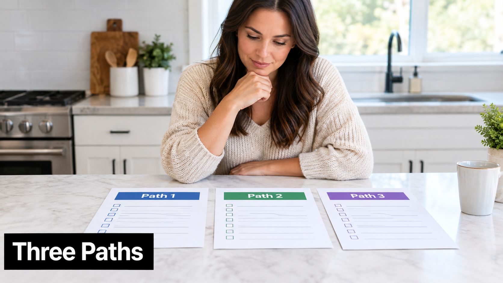 A woman sits at a kitchen counter contemplating three different plan options written on paper sheets.