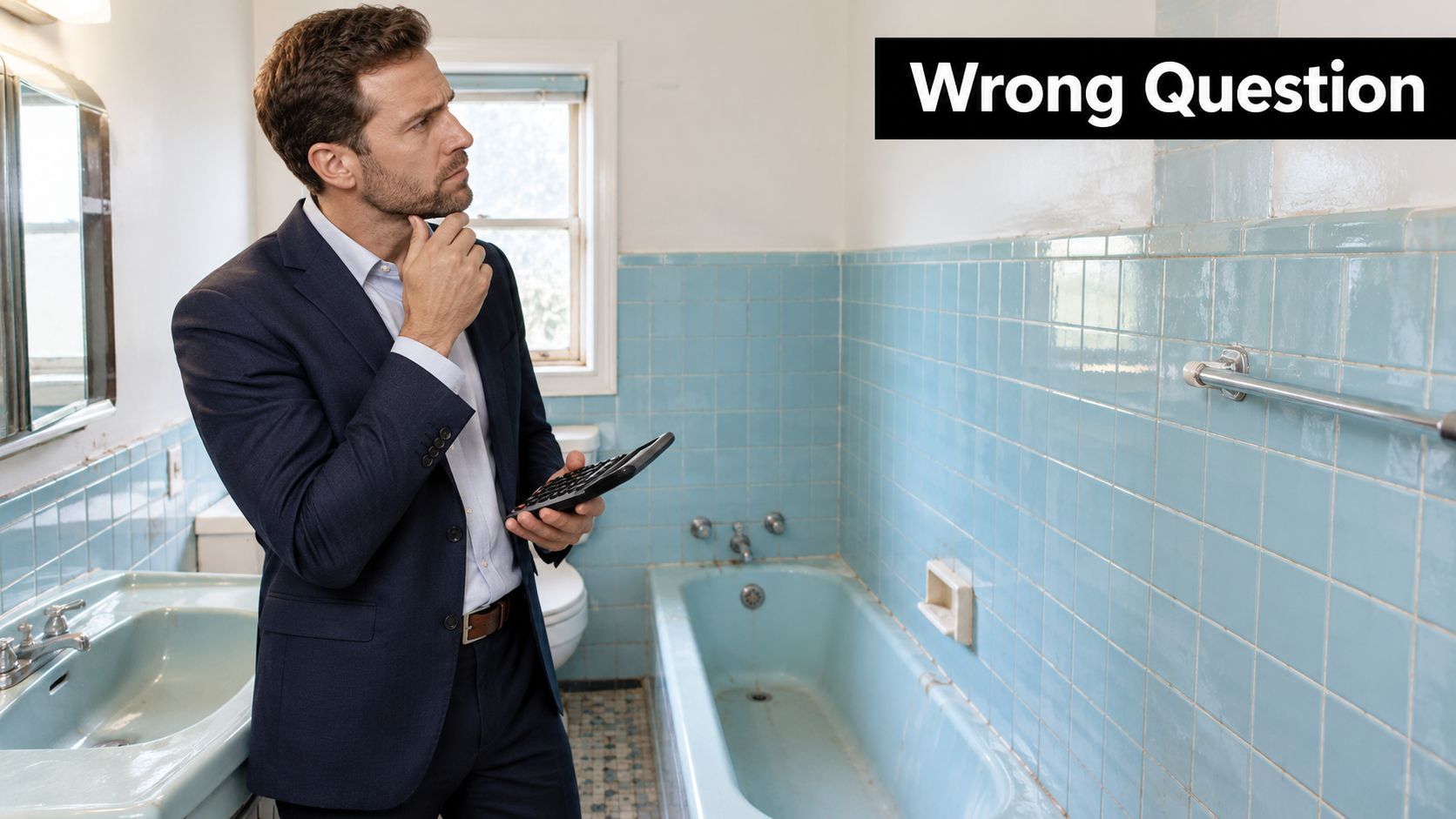 A businessman in a suit stands in a dated bathroom while holding a calculator and thinking.