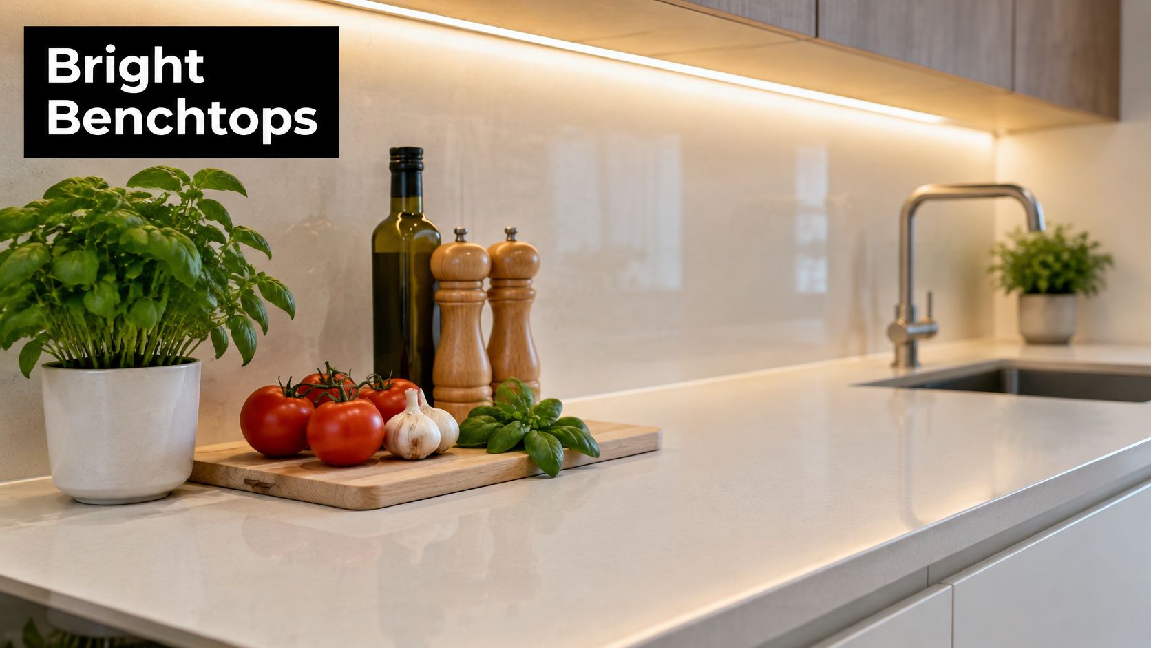 A bright modern kitchen benchtop with a wooden cutting board, fresh tomatoes, herbs, and kitchen accessories.