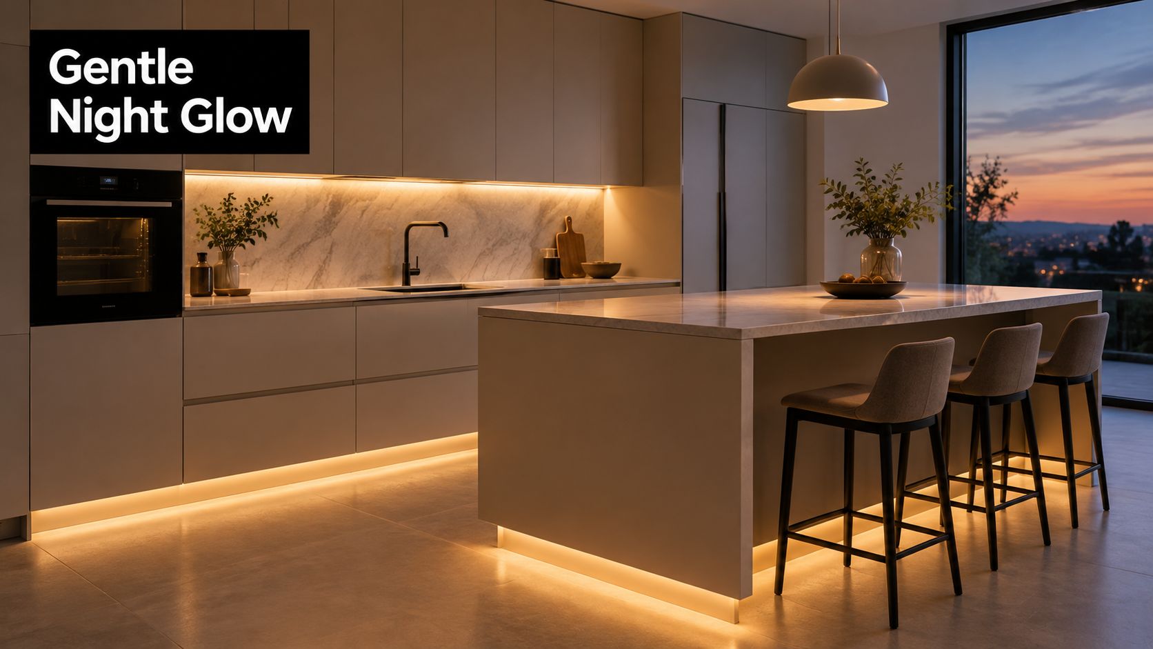 A modern kitchen interior at sunset featuring warm under-cabinet and toe-kick LED accent lighting.