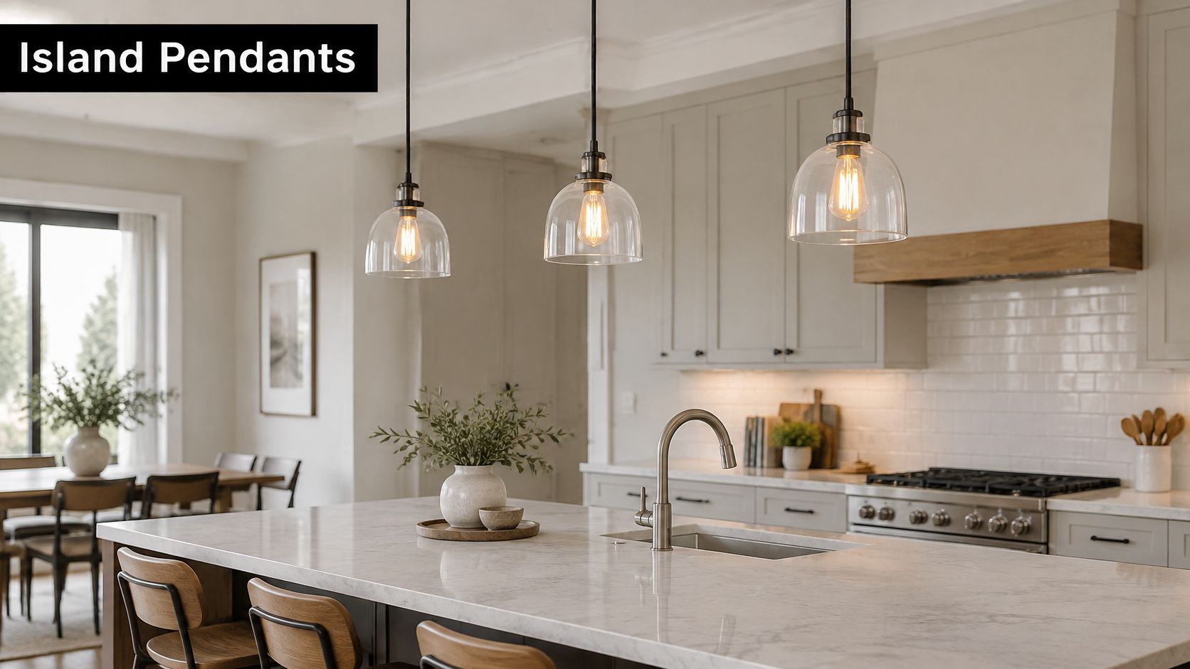 A bright, modern kitchen featuring white marble countertops and three elegant glass pendant lights hanging above the island.