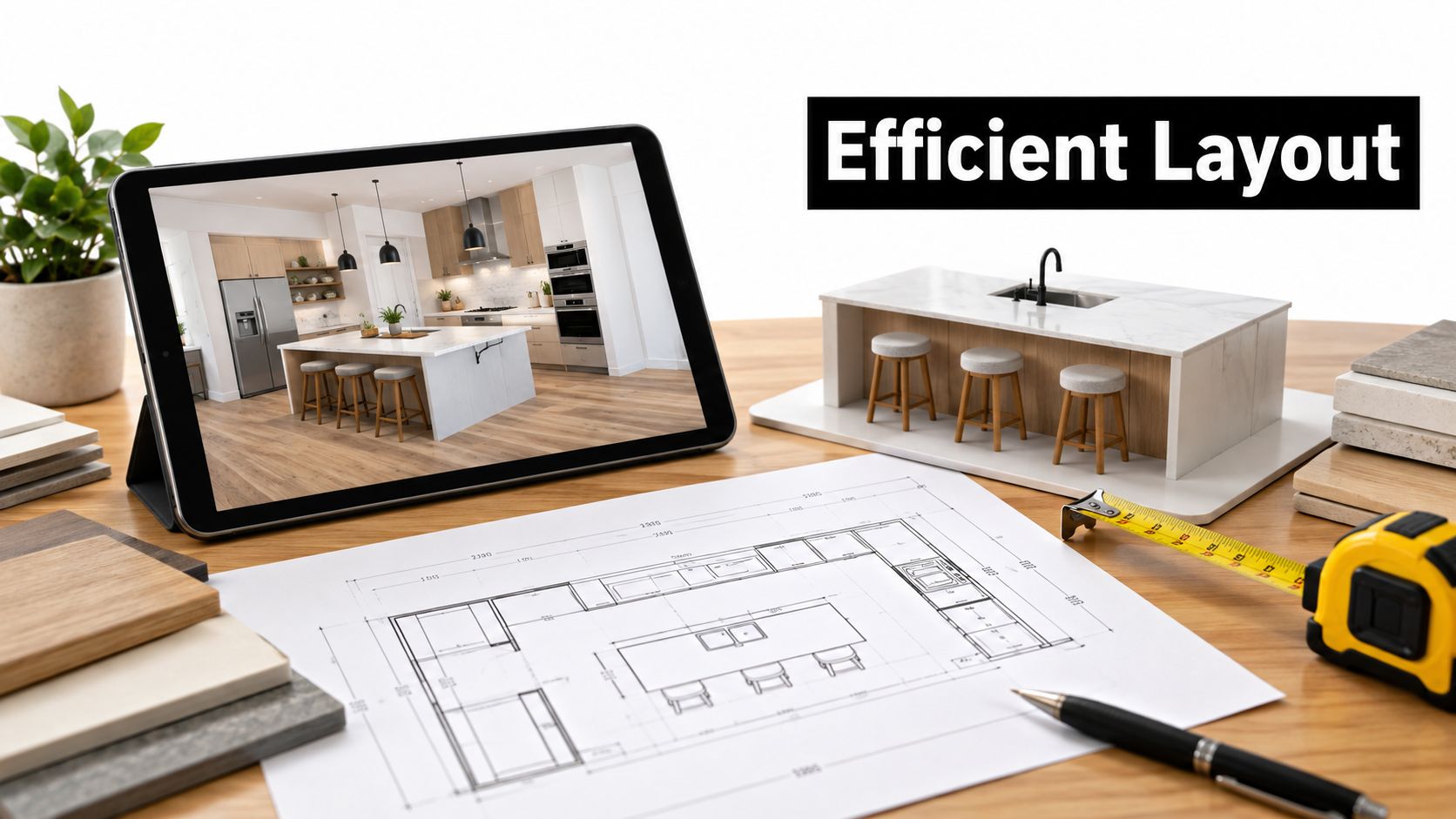 A designer's desk with a kitchen plan, a digital tablet displaying a kitchen, and a scale model.