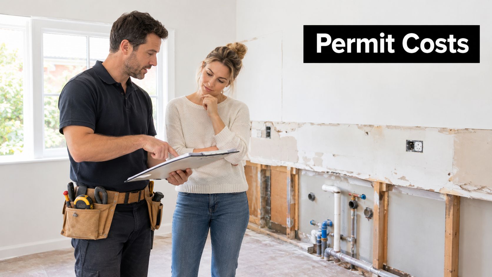 A professional contractor and a homeowner discussing construction plans for a kitchen renovation project.