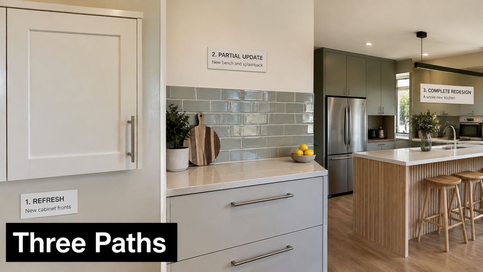 A split-screen comparison showing three levels of kitchen renovation: cabinet replacement, benchtop updates, and a complete remodel.