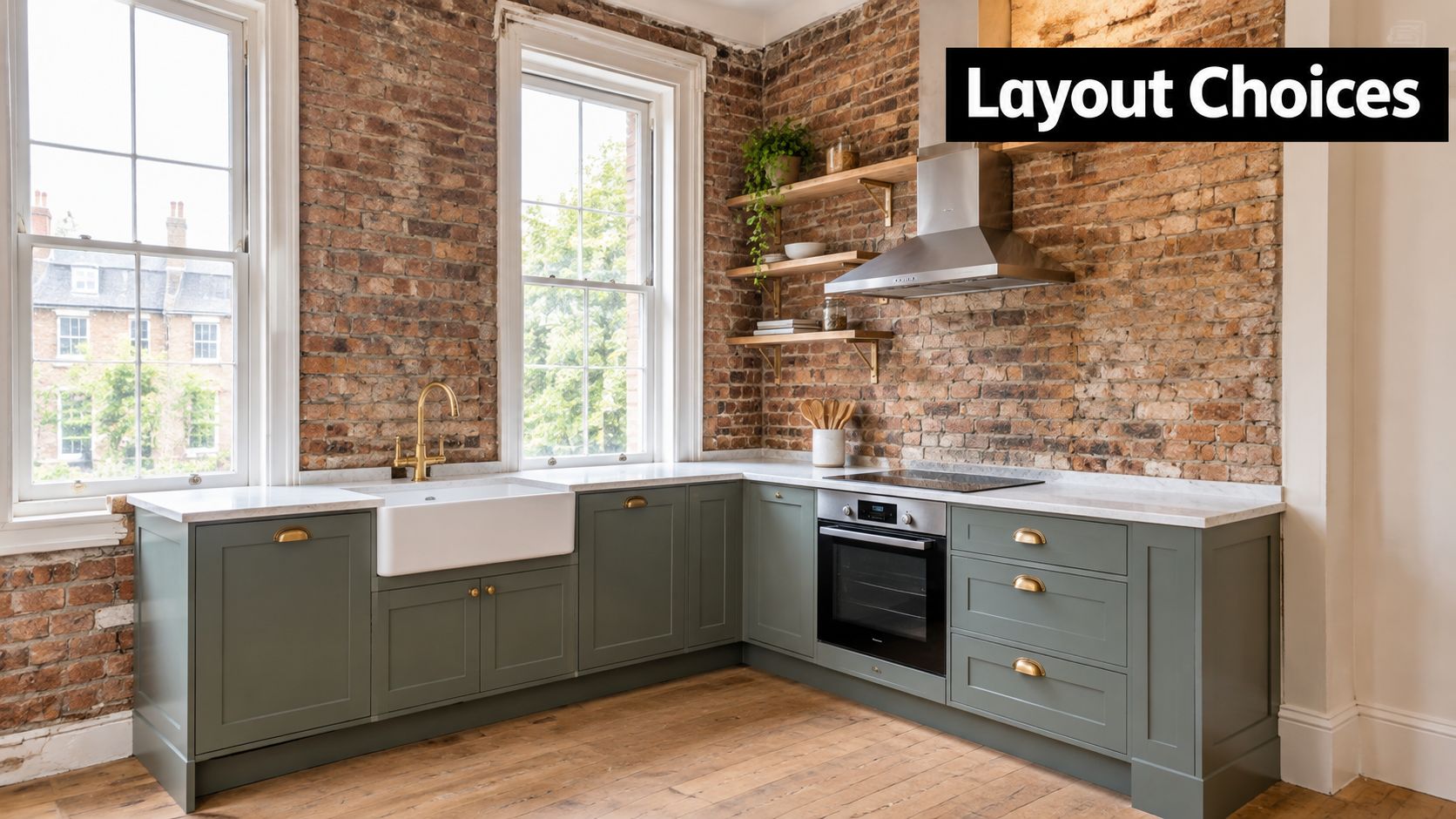 A modern L-shaped green kitchen featuring an exposed brick wall, white farmhouse sink, and golden hardware accents.