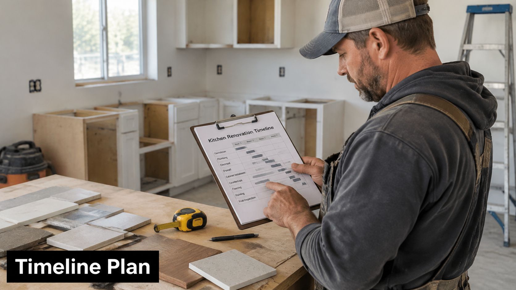 A professional construction worker reviewing a kitchen renovation timeline document on a clipboard while standing in a kitchen.
