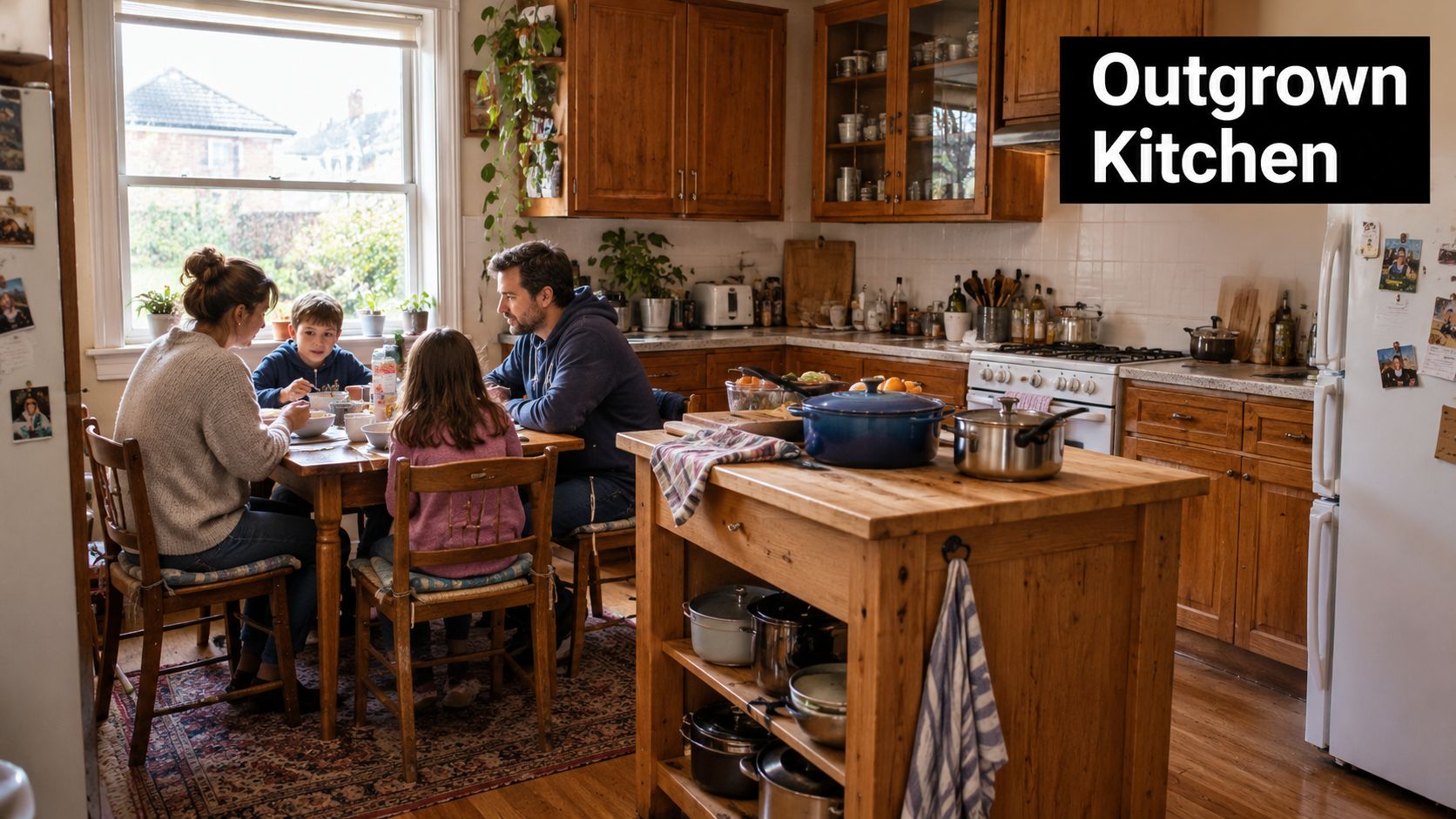 A family of four eating breakfast together at a dining table in their cozy wooden home kitchen.