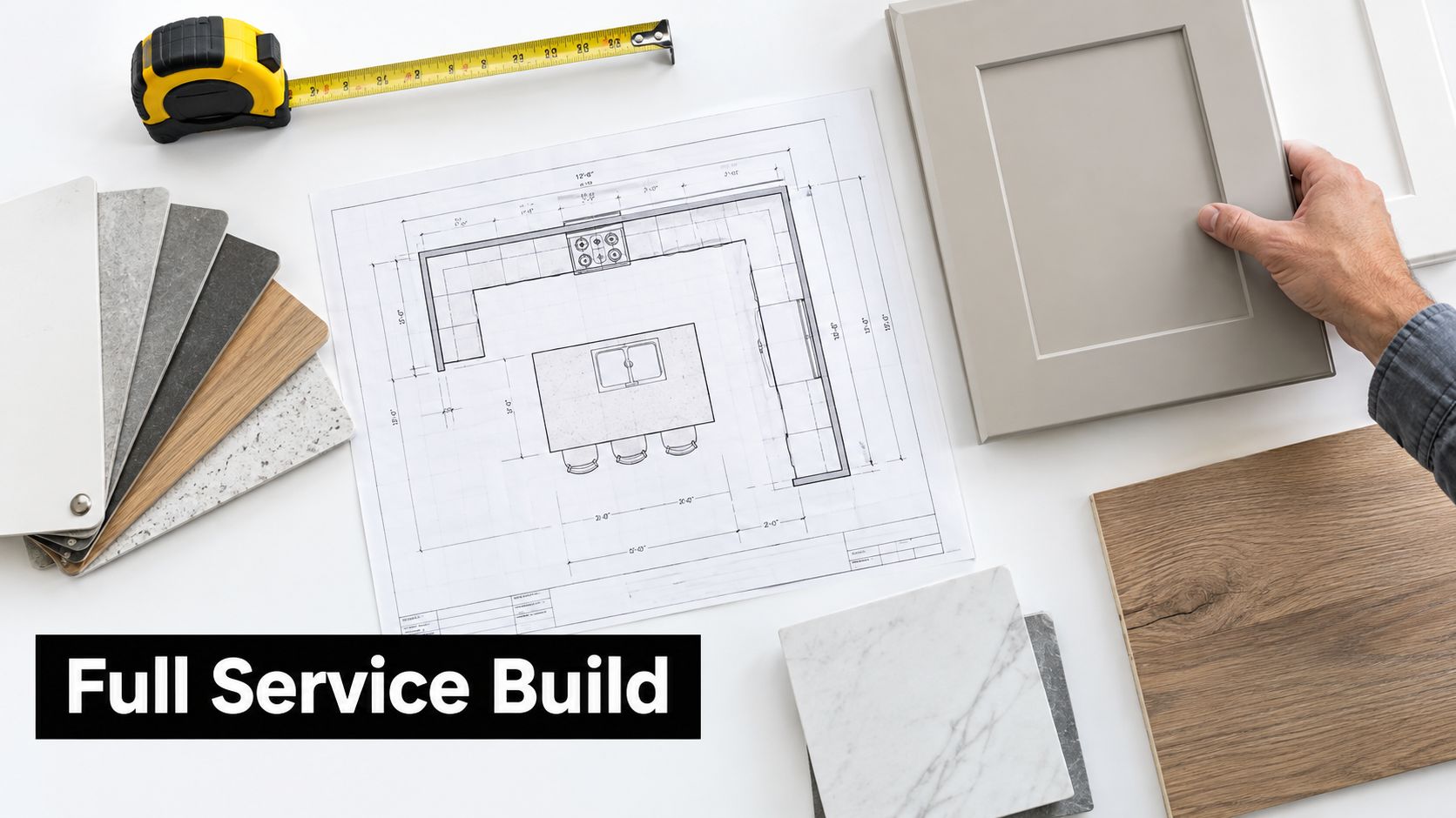 A professional kitchen renovation planning table with architectural blueprints, material samples, tape measure, and wooden cabinet door.
