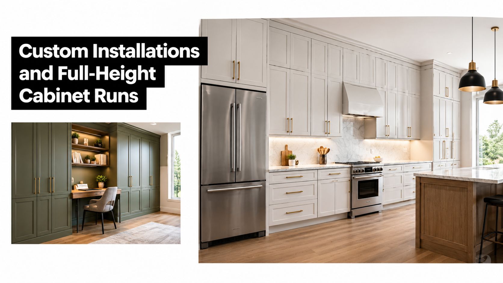 A modern kitchen and a green home office featuring full-height custom cabinetry and elegant design elements.