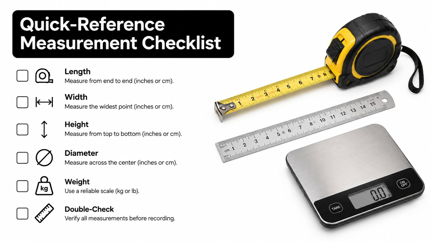 A measuring checklist graphic showing a tape measure, a metal ruler, and a digital weight scale.