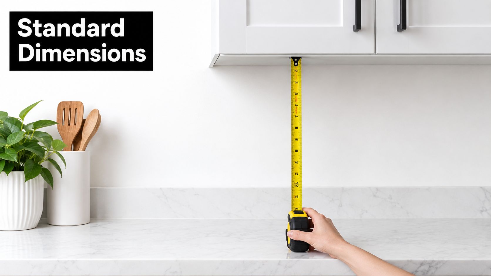 A hand uses a yellow tape measure to measure the distance between a kitchen countertop and cabinet.