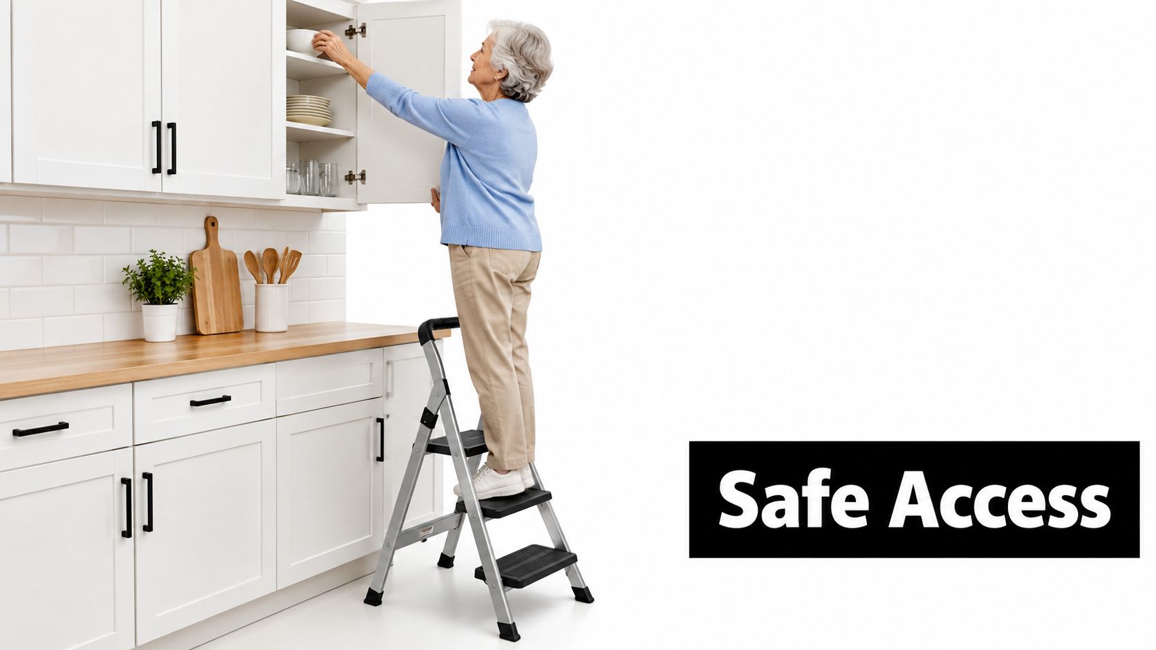 An elderly woman safely stands on a folding stepladder to reach items inside an overhead kitchen cabinet.