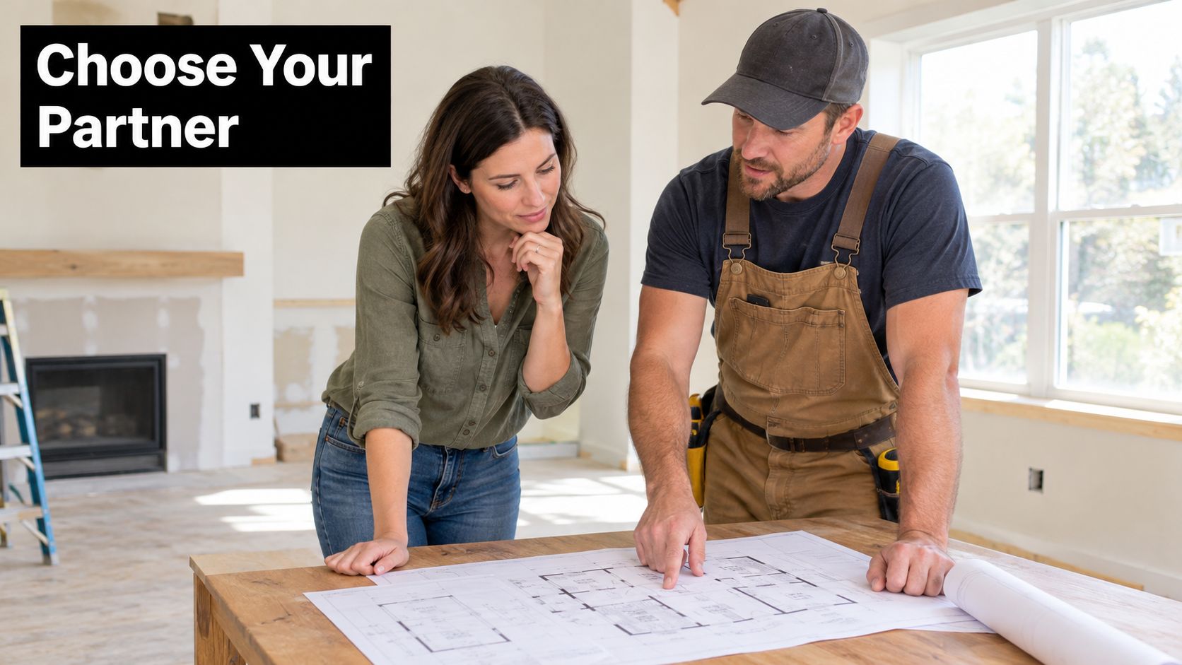 A professional contractor discussing home renovation blueprints with a female client in a room under construction.