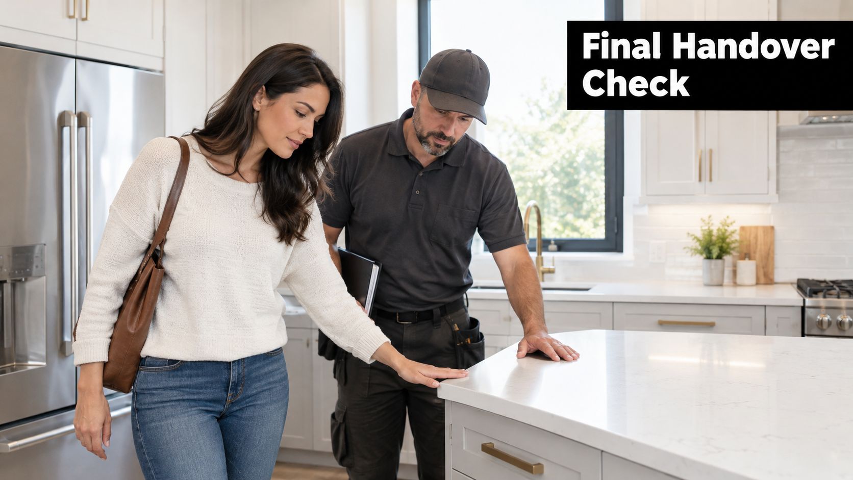 A woman and a contractor performing a final inspection of a newly renovated kitchen island countertop.