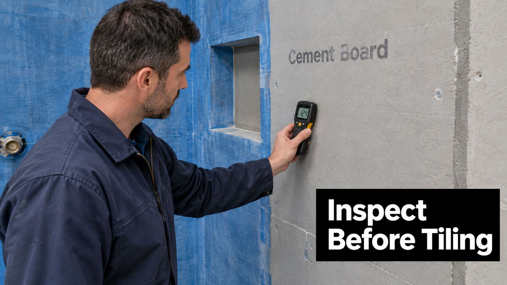 A professional construction worker inspecting moisture levels on cement board walls before starting a tile installation project.