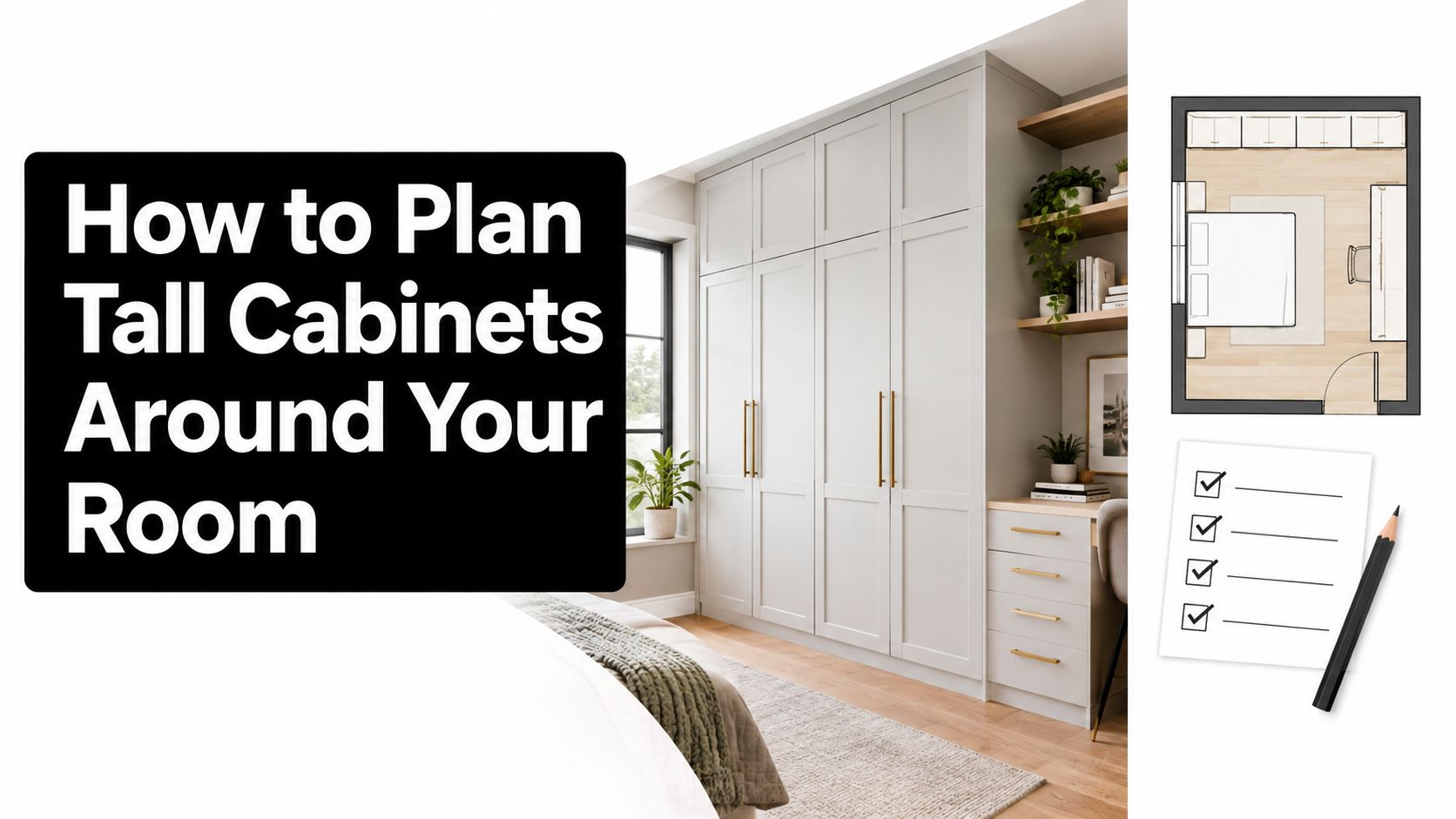 A modern bedroom with floor-to-ceiling gray cabinets, a built-in desk, and a floor plan layout illustration.