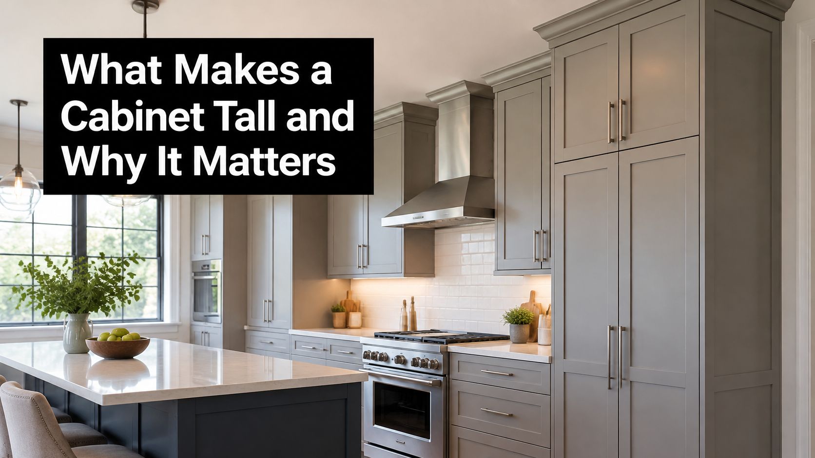 A modern kitchen featuring floor-to-ceiling grey tall cabinets, a stone island, and stainless steel appliances.