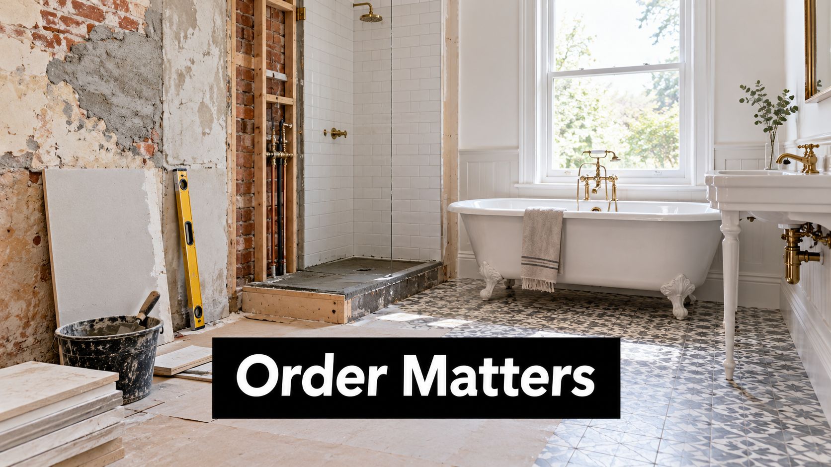 A partially renovated bathroom featuring a clawfoot bathtub, exposed brick walls, and a new tiled floor installation.