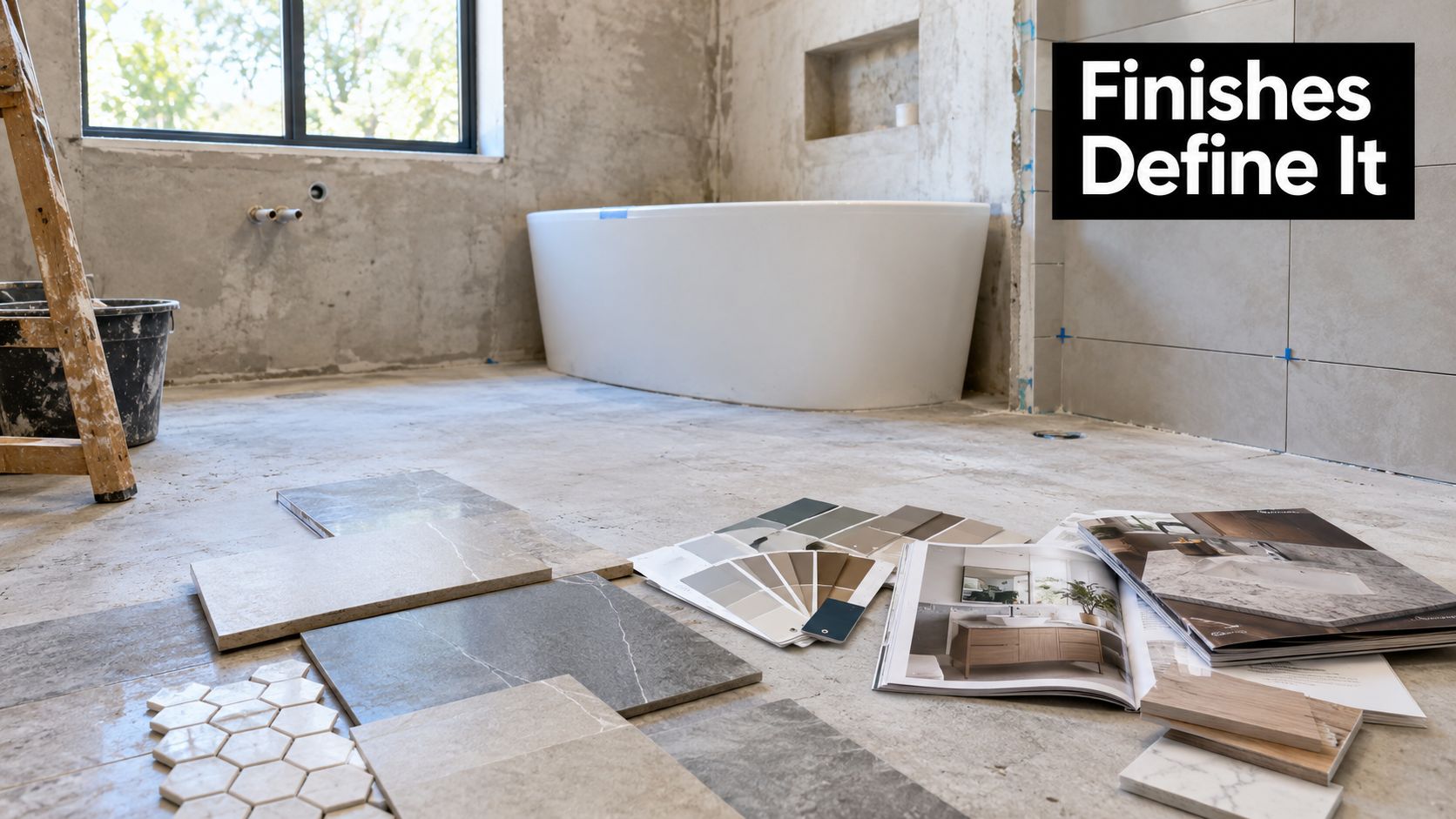 A bathroom under renovation featuring a freestanding bathtub, tile samples, color palettes, and interior design magazines.